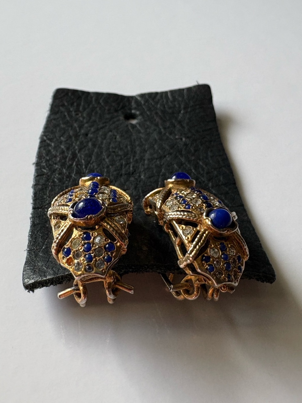Vintage Gold Domed Sculptural Lapis Cabochon Rhinestone Diamond Stud Earrings - Picture 9 of 16